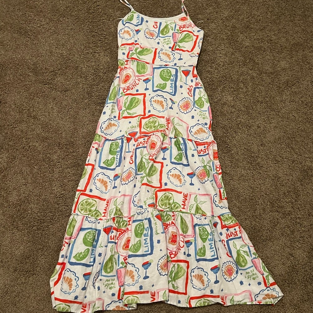 Cynthia Rowley Linen Maxi Dress Size Small Colorful Brunch Print